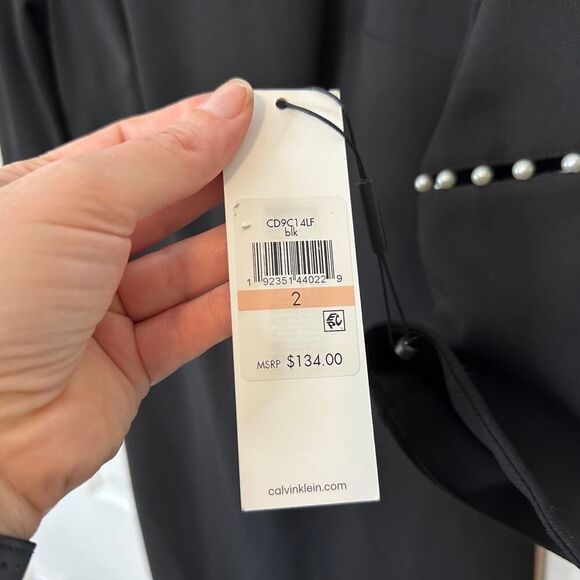 Calvin Klein Little Black Sheath Dress | NWT Size 2 | Bell Sleeve Pearl Detail - Picture 5 of 13